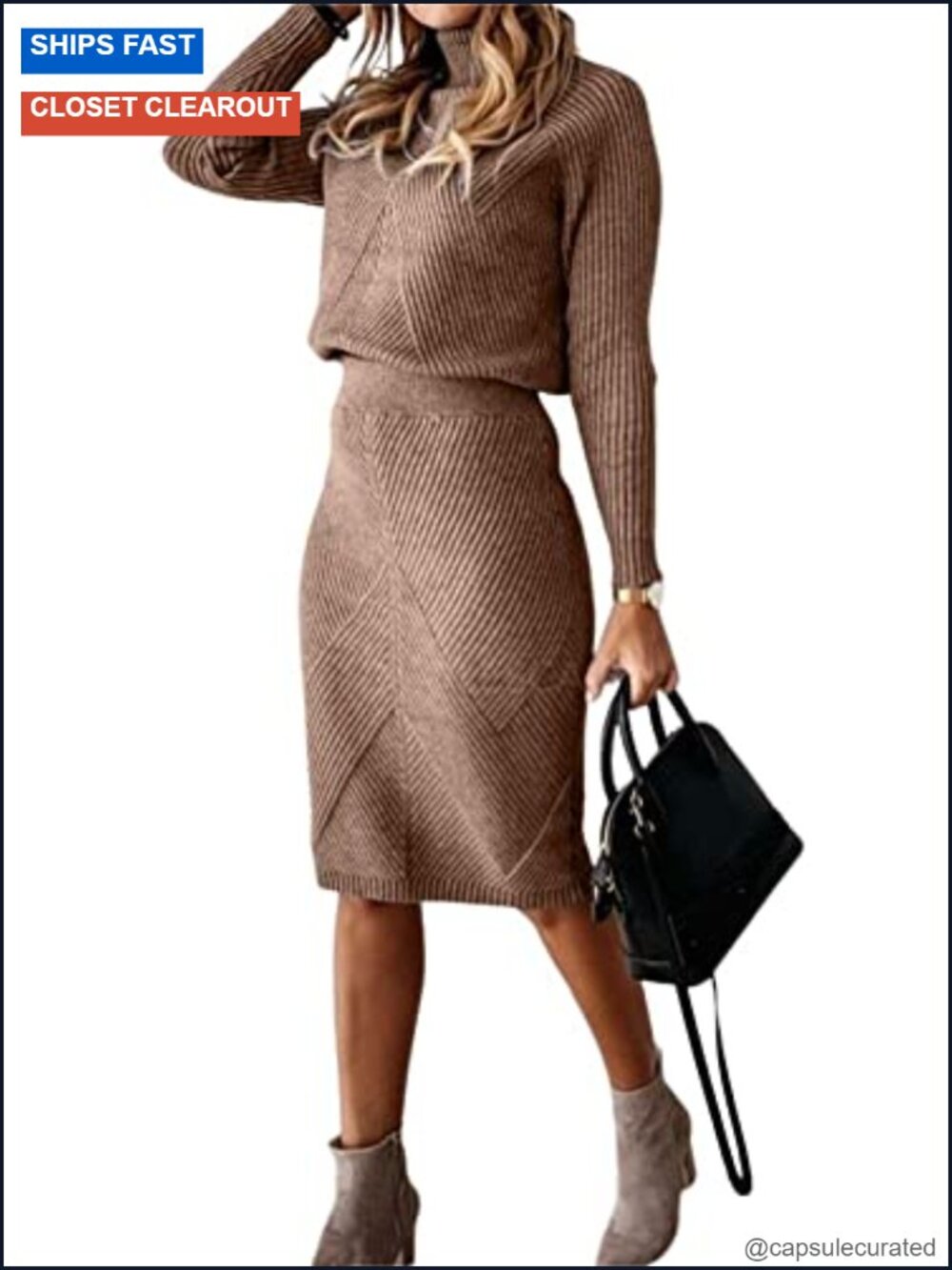 2 Piece Sweater Skirt Set Turtleneck Cable Knit Bodycon Mid Skirt Women's Outfit